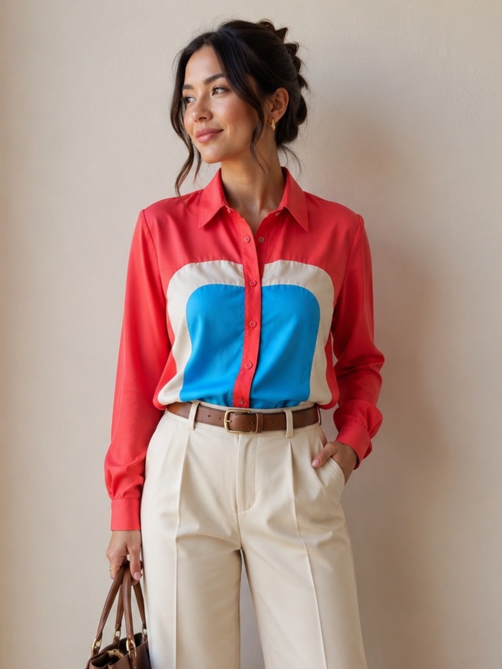 Jealous tomato Sheer Colorblock Button-Up Blouse Red Blue Gray Retro Office Top